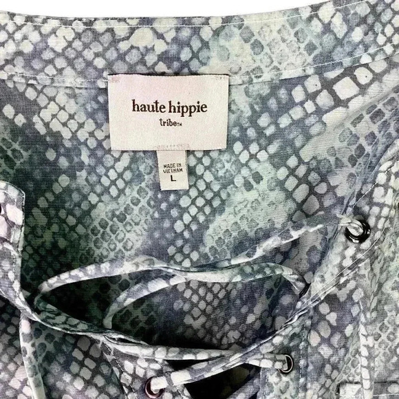Haute Hippie Tribe Womens L Snake Print Lace Up Top Green Gray Roll Tab Sleeves - Picture 9 of 9